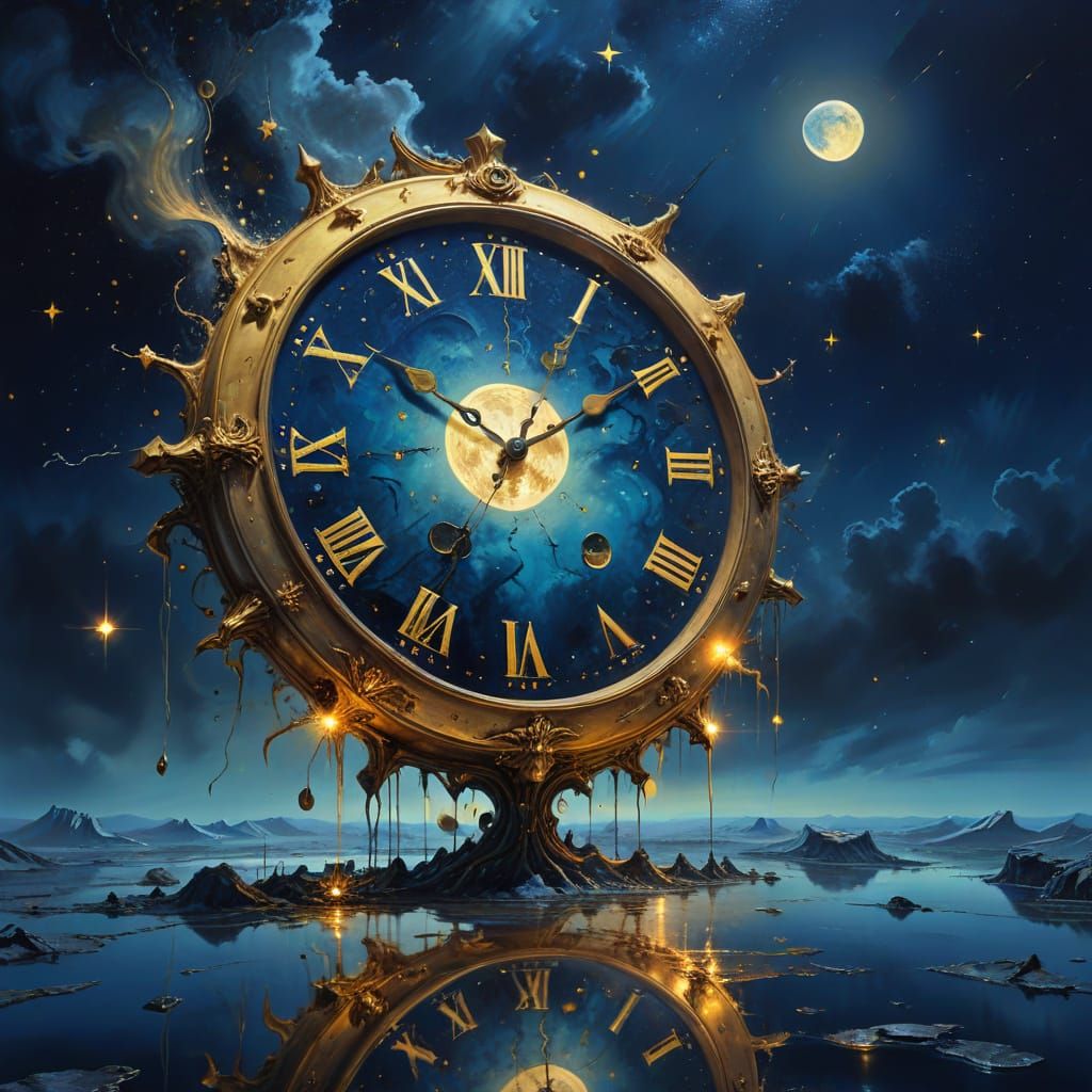 Surreal Moonlit Sky with Melting Clocks