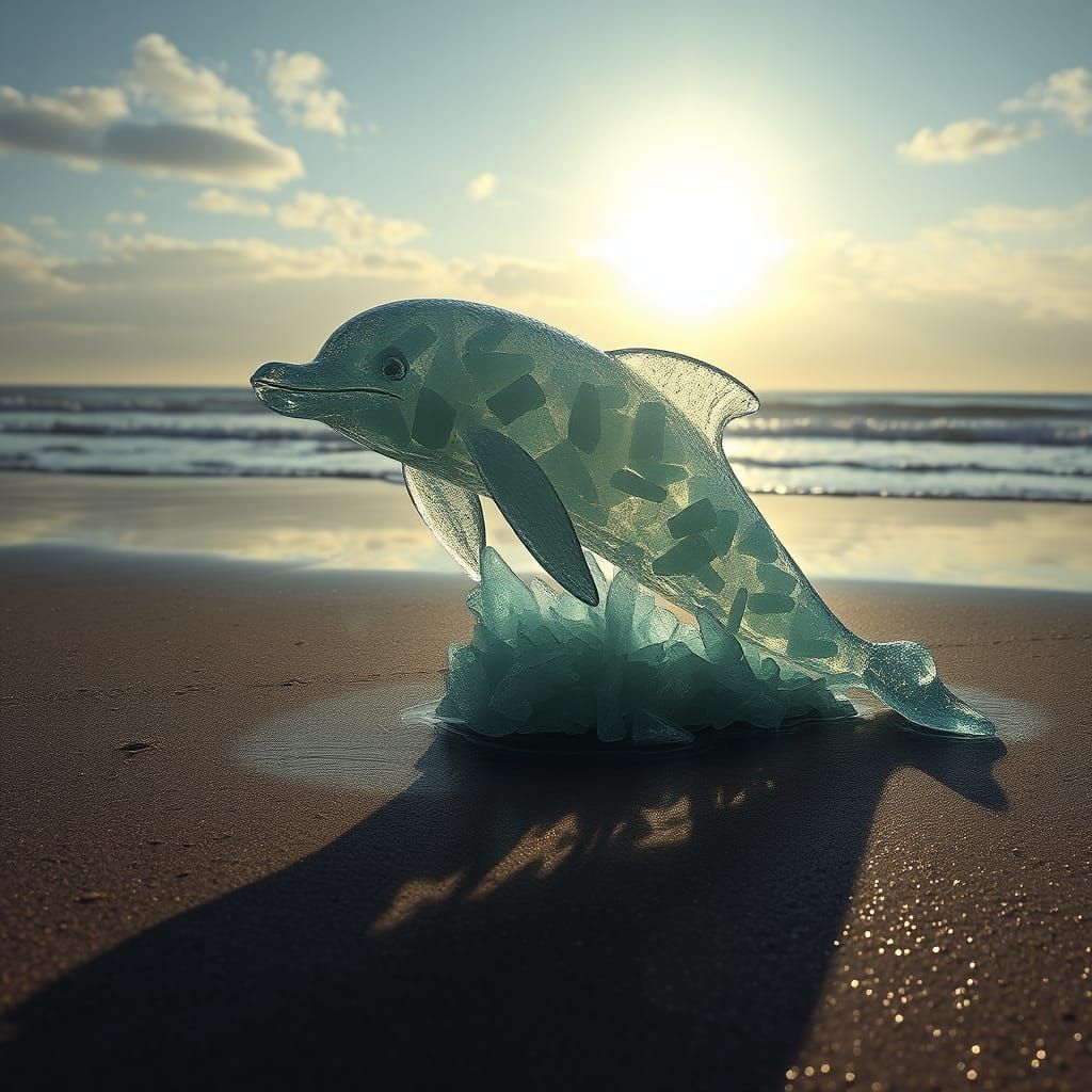 Dolphin Sculpture of Frosted Sea Glass on Seashore