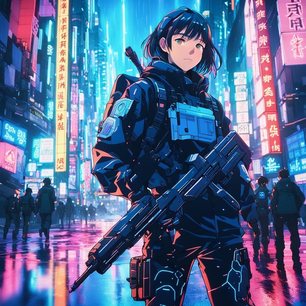 Cyberpunk Girl in Shibuya with Future Rifle