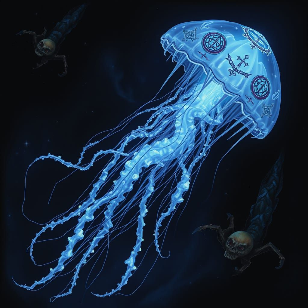Bioluminescent Jellyfish in Deep-Sea Trench: Gothic Fantasy