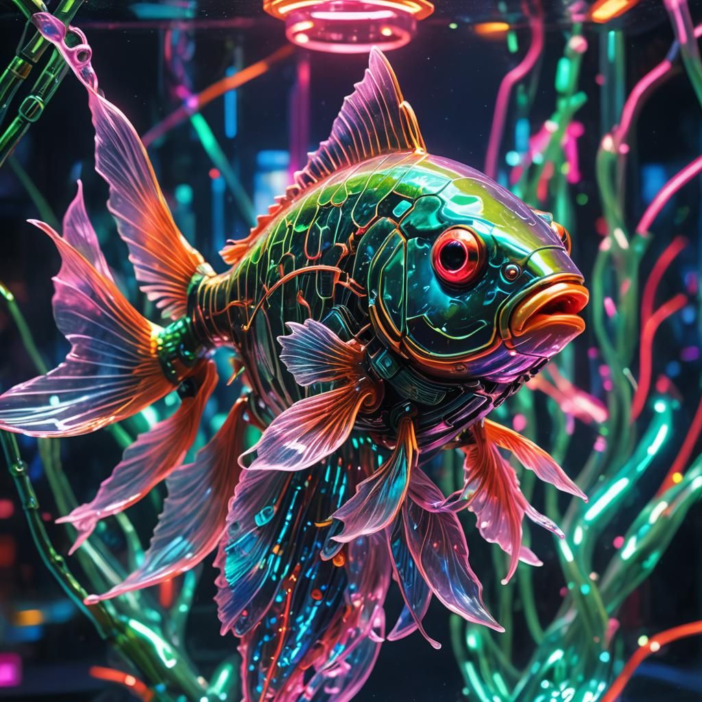 Cyberpunk Cyborg Goldfish Portrait in Neon Aquarium