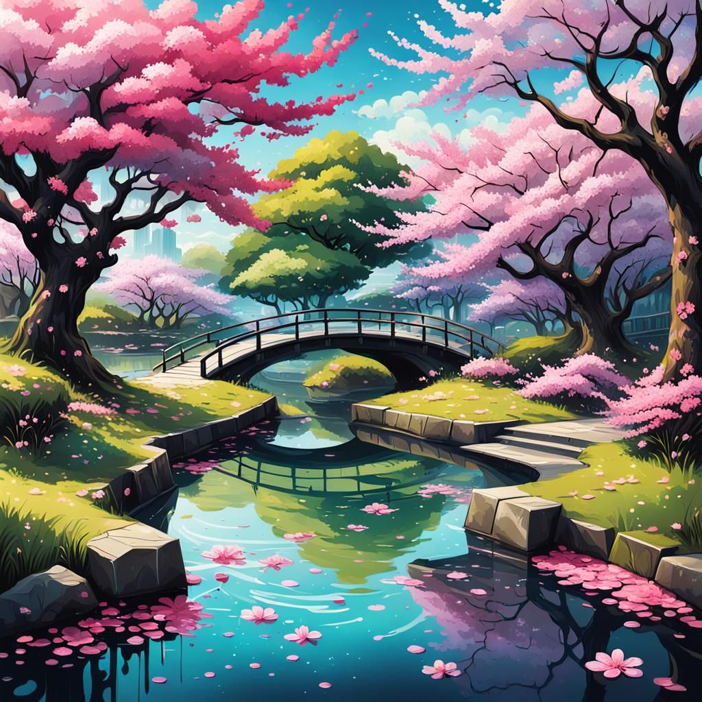 Cherry Blossom Garden in Graffiti Splash Art