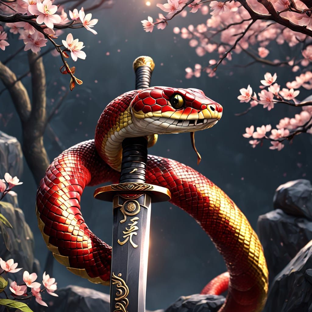 Ancient Serpent Adorns Samurai Sword in Golden Glory