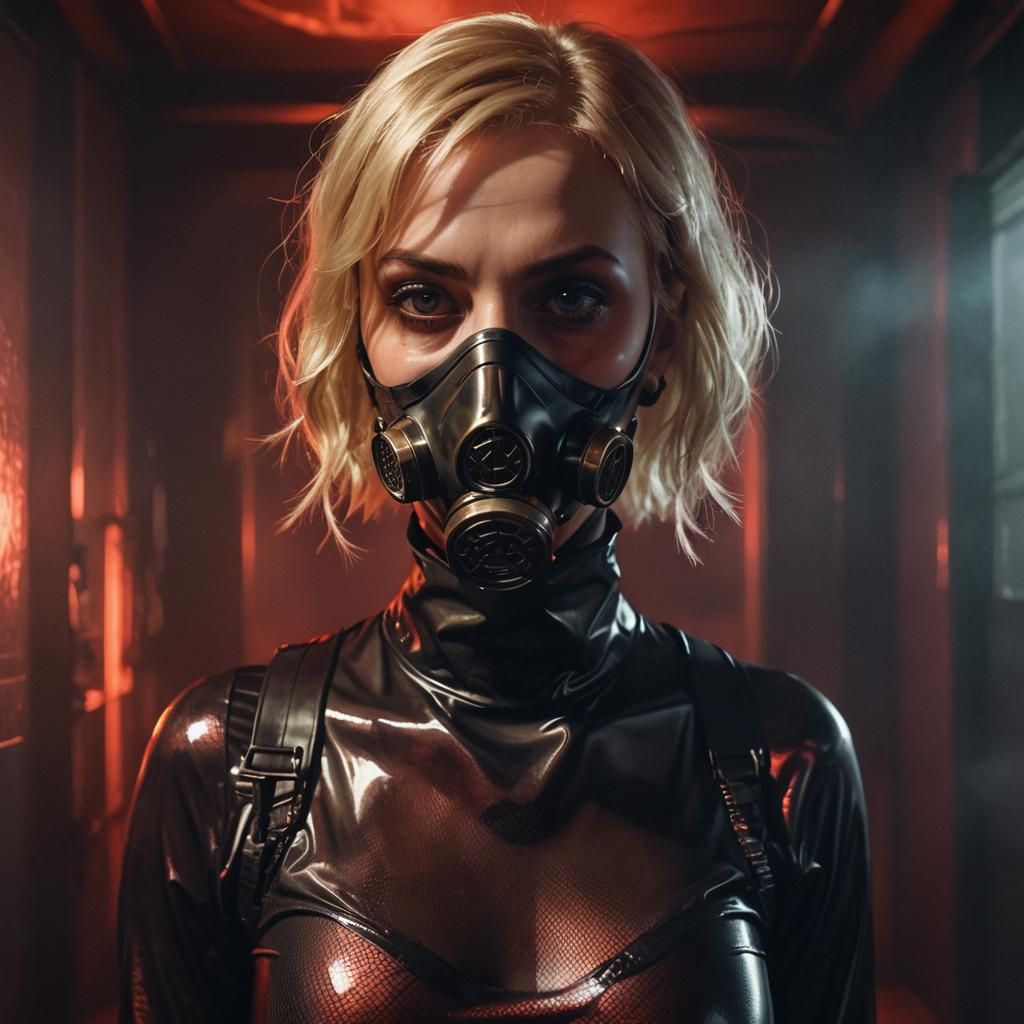 Surreal Woman in Latex and Gas Mask