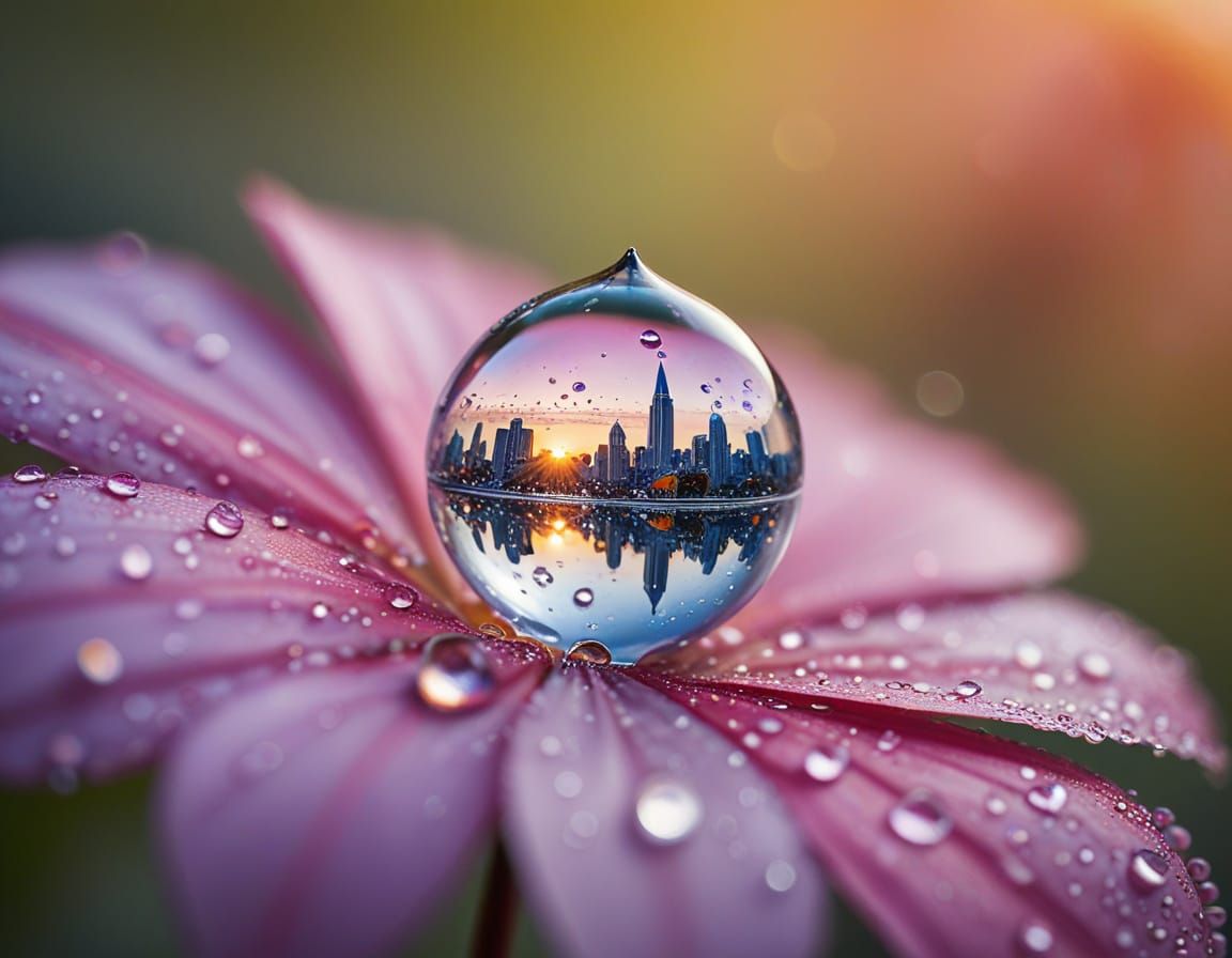 Dewdrop Reflecting Cityscape Macro Photography