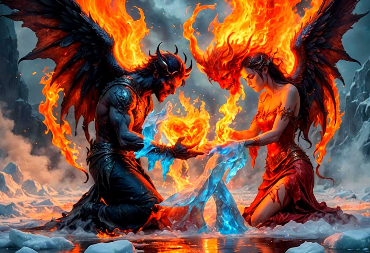 Fiery Demon and Ice Angel Embrace