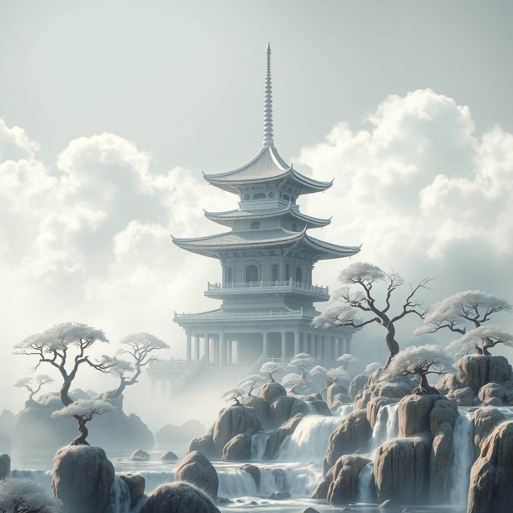 Majestic White Pagoda in Ethereal Mist Landscape