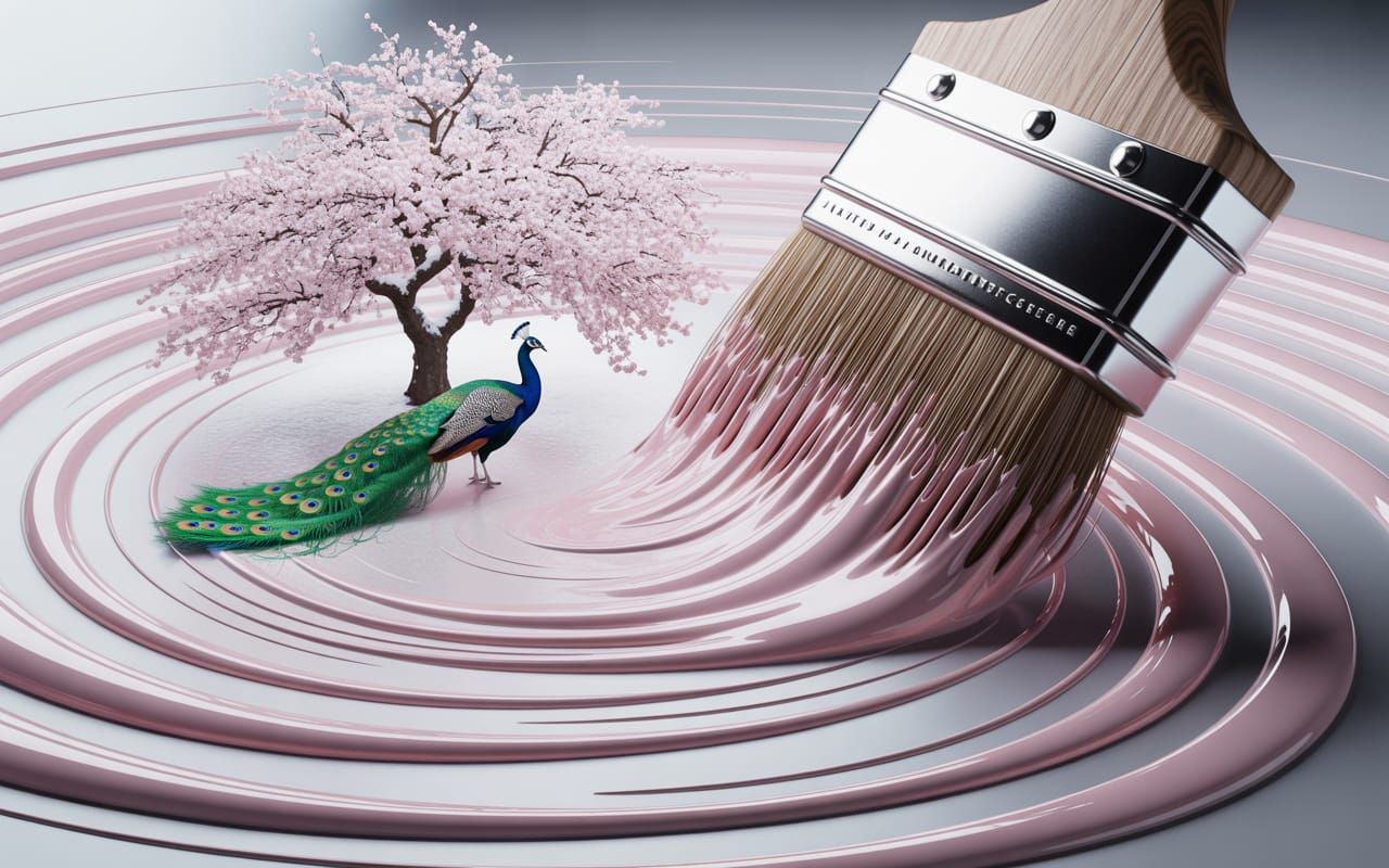 Peacock and Cherry Blossoms Painted by Wooden Brush