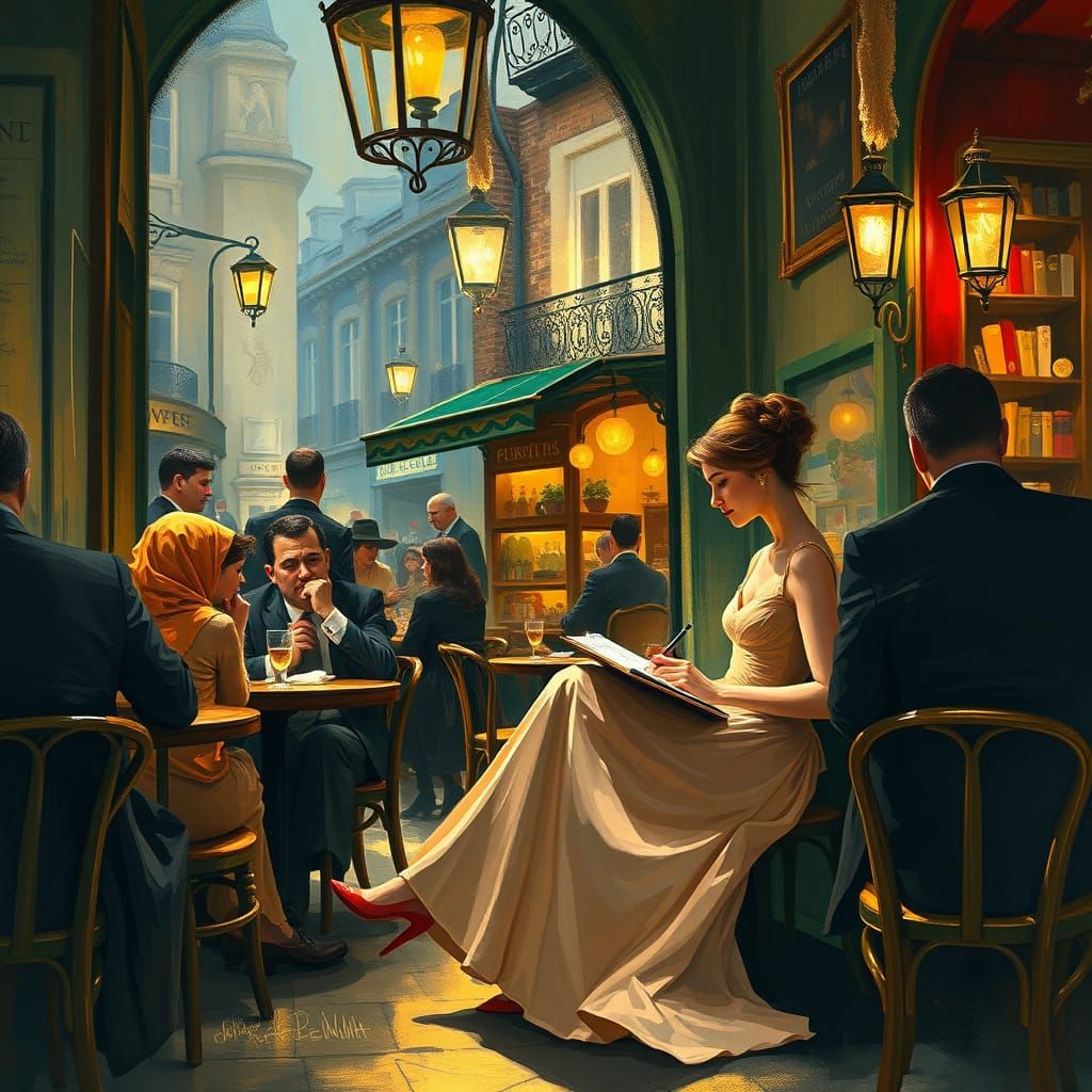 Parisian Cafe Scene in Impressionist Style