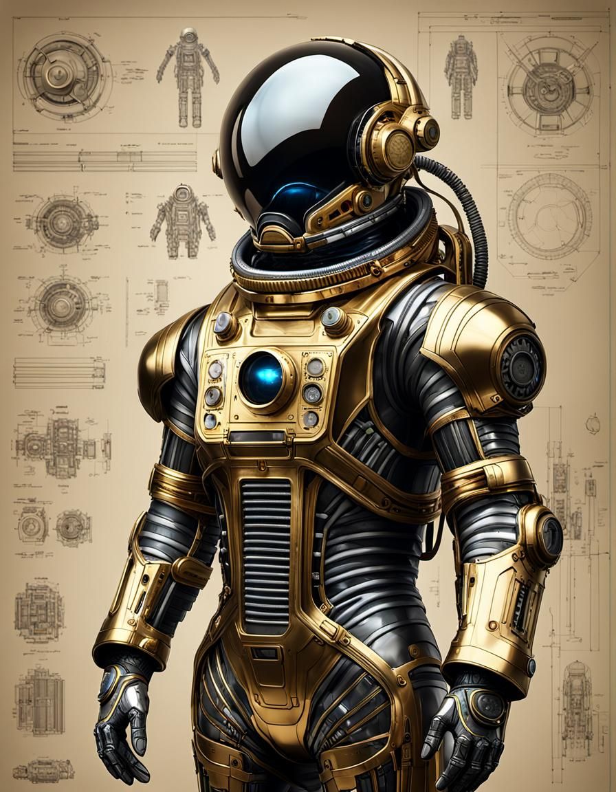 Detailed Sci-Fi Spacesuit in Scarlet Steel and Gold