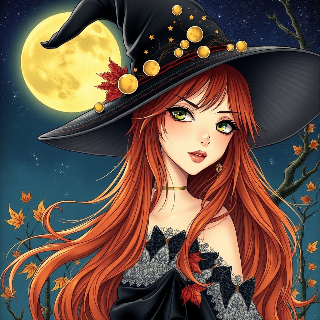 Anime Witch Under the Moon in Manga Style