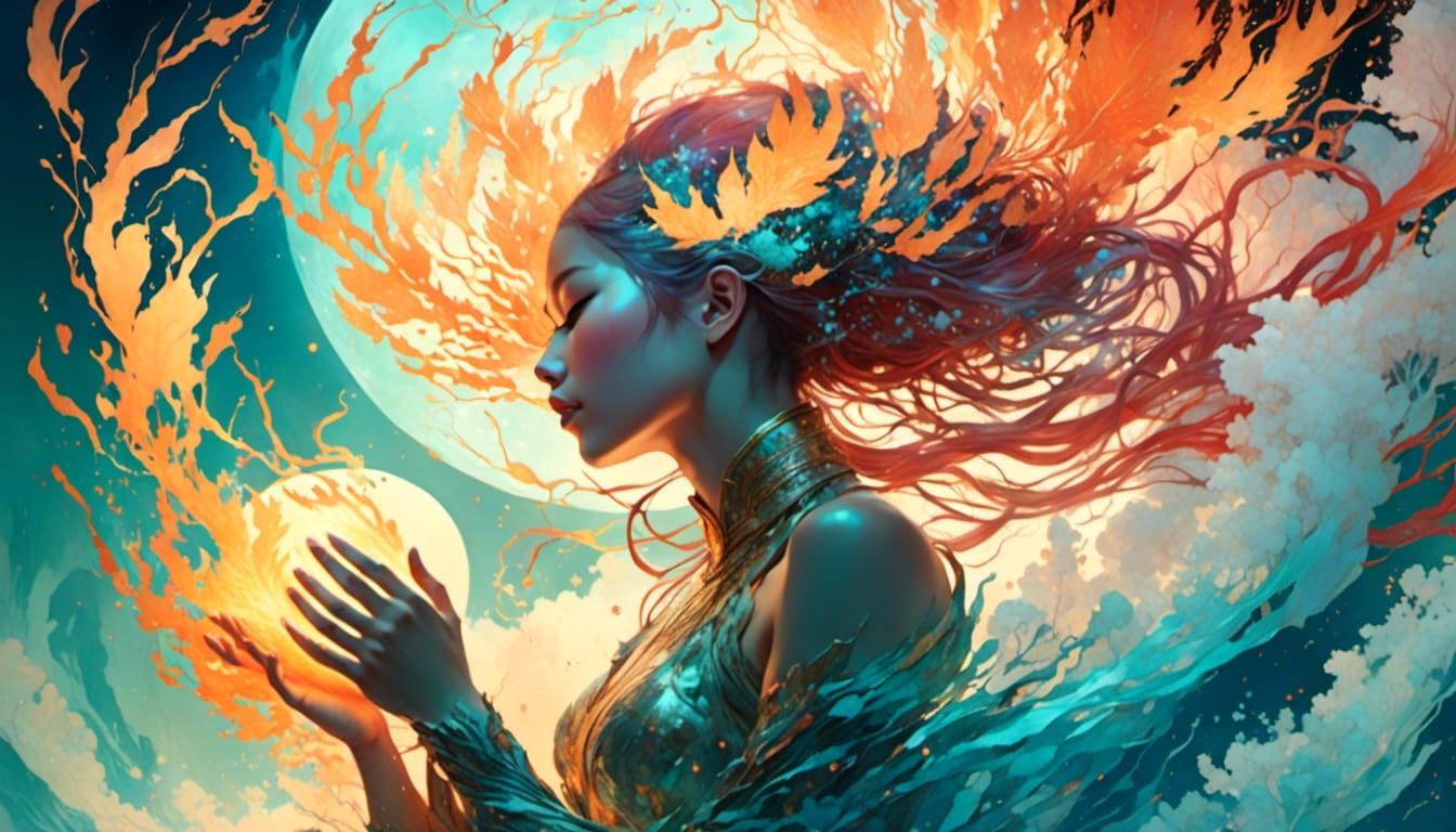 <lora:WorldsBeyond:1.0> breathing fire and water