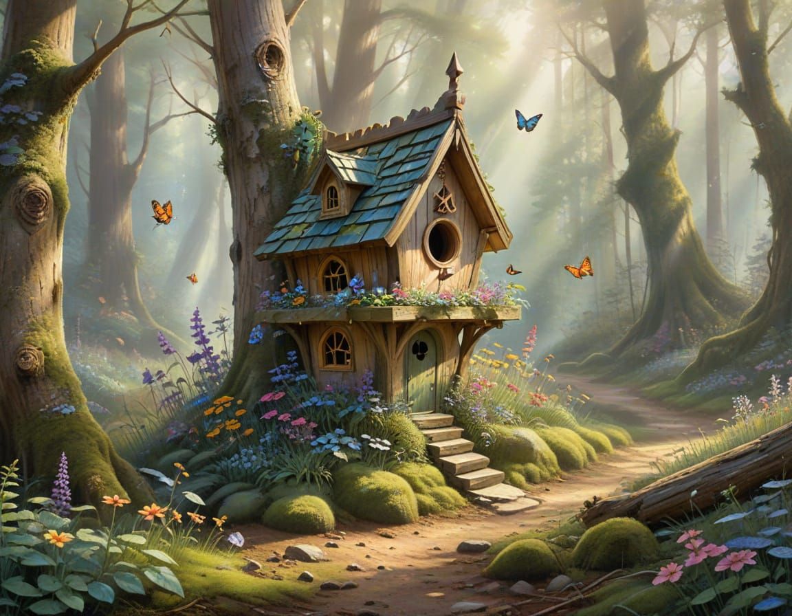 Watercolour Forest Clearing with Carved Birdhouse