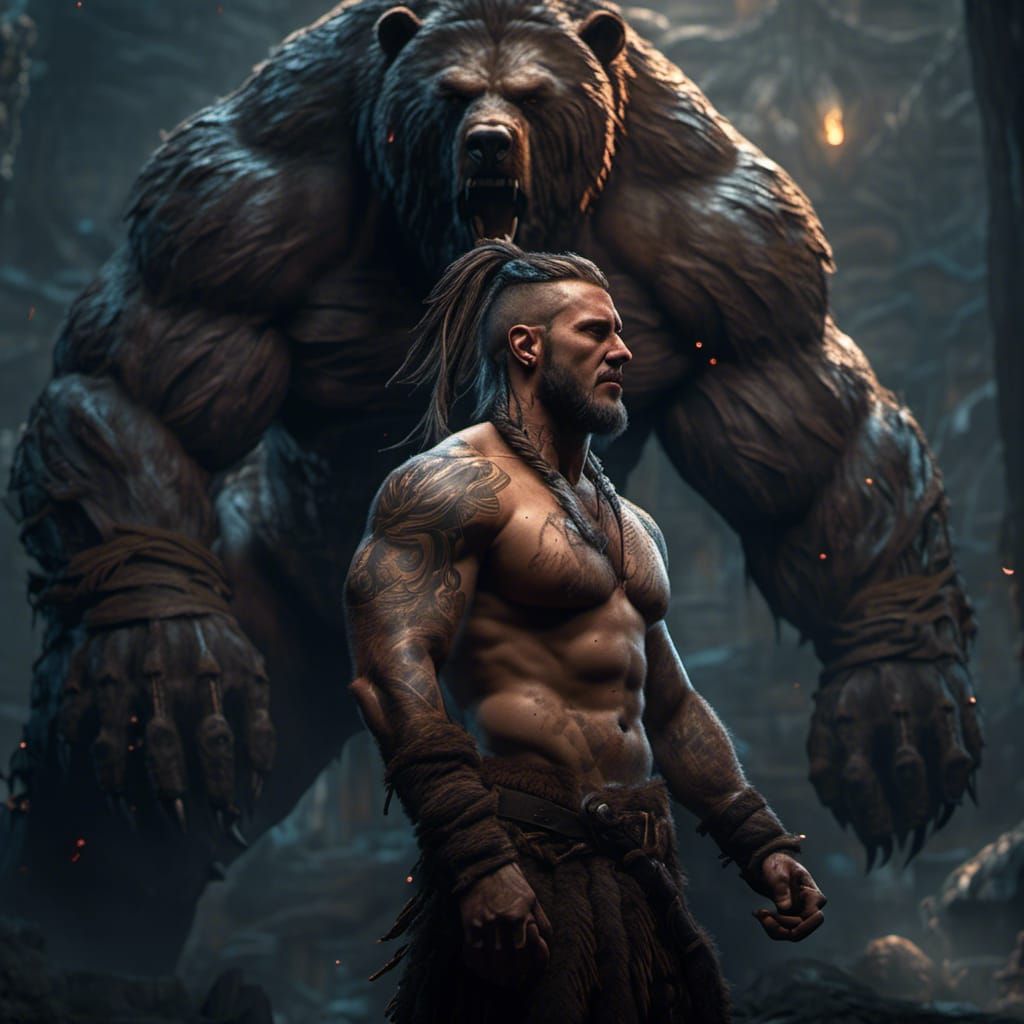Imposing Viking Warrior with Bear, Hyperreal Dark Fantasy