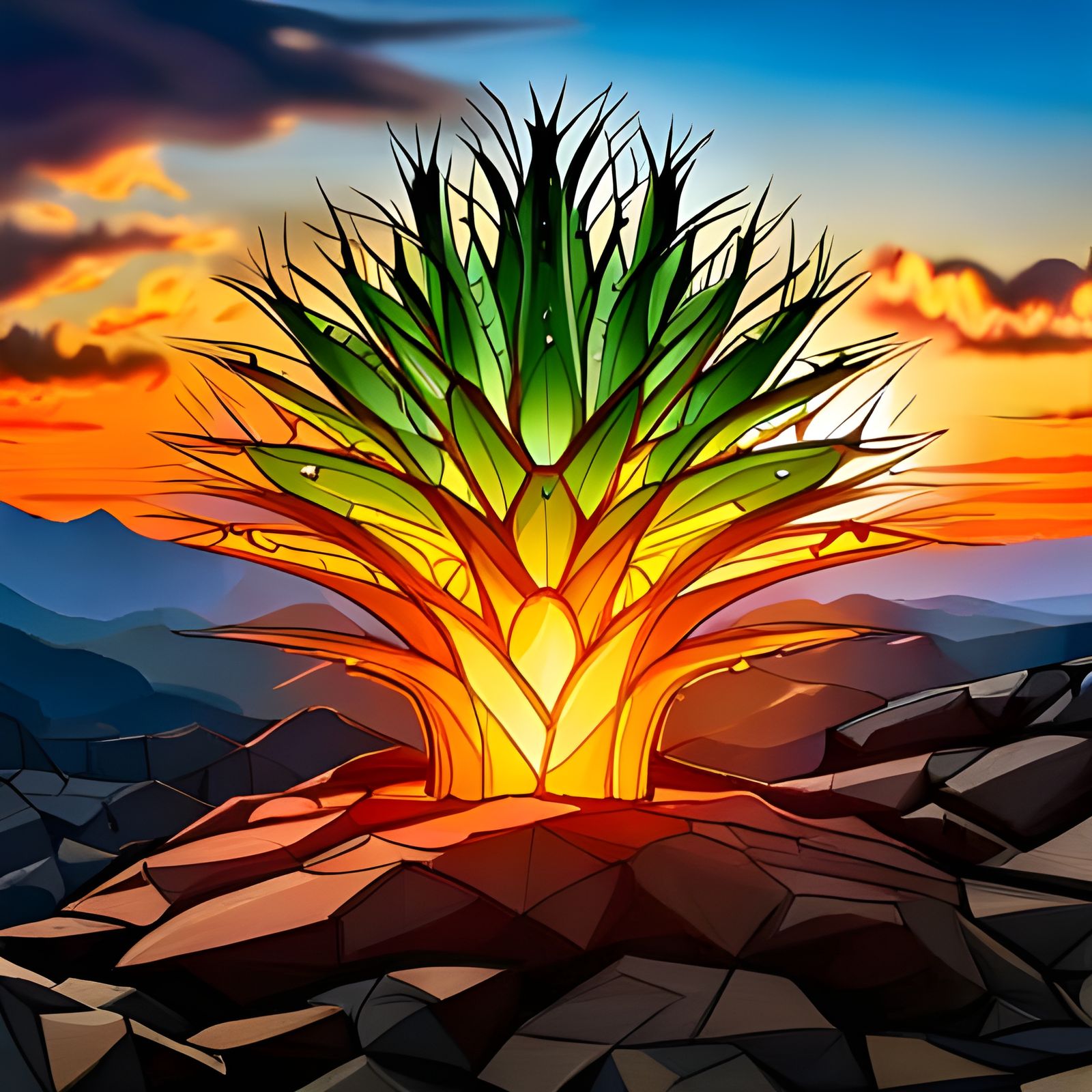 Stained Glass Cactus Sculpture at Sunrise