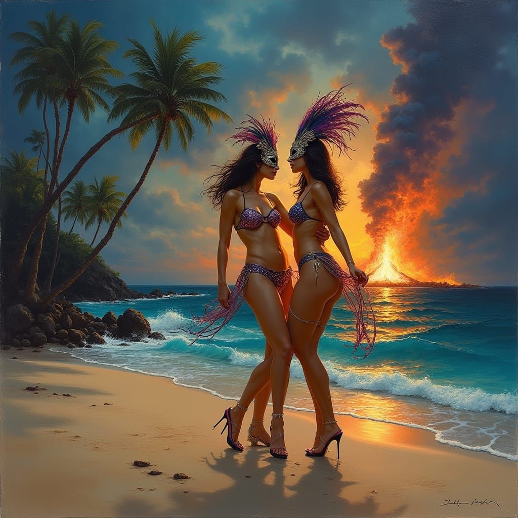 Exotic Beach Scene with Seductive Dancers Under a Fiery Nigh...