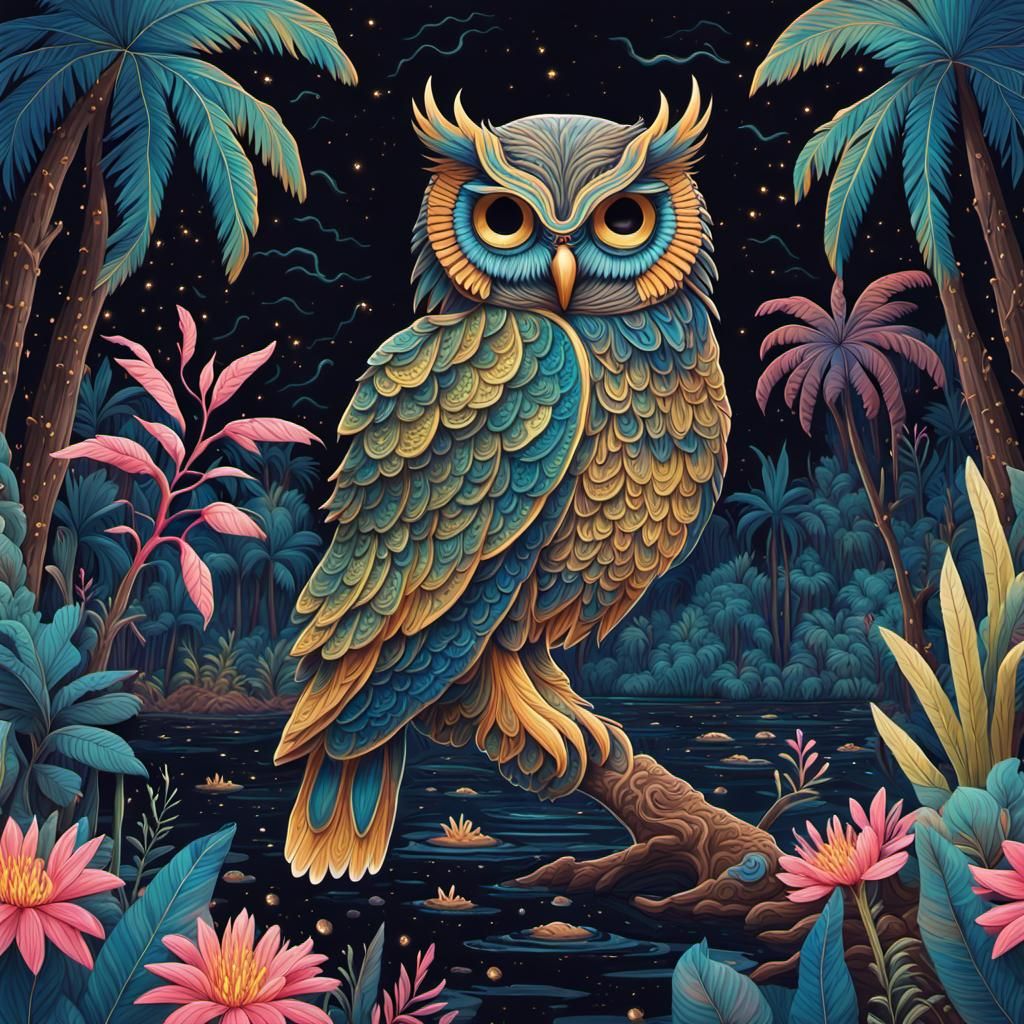 Magical Owl in Bioluminescent Swamps: Gouache Painting