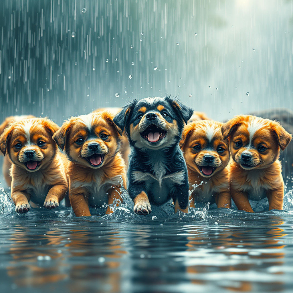 Puppies Playing in the Rain as Digital Art