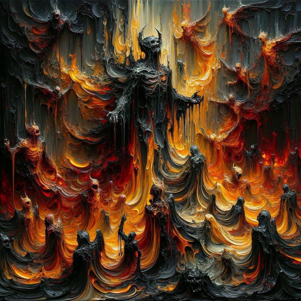 Abstract Impasto Painting of Dark Underworld Scene