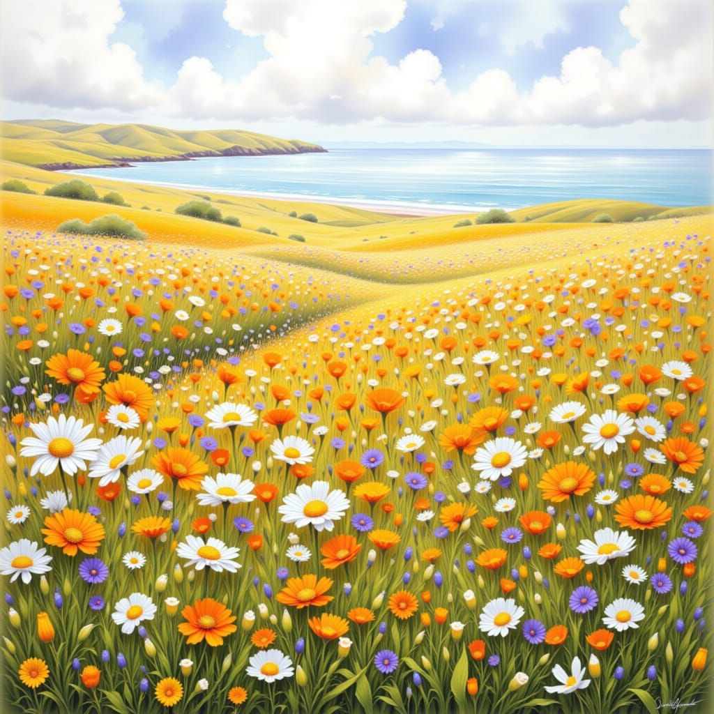 Vibrant Namaqualand Daisies as Gouache Painting