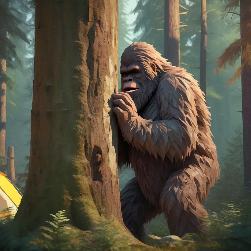 A shy but friendly Sasquatch peers from behind a tree trunk