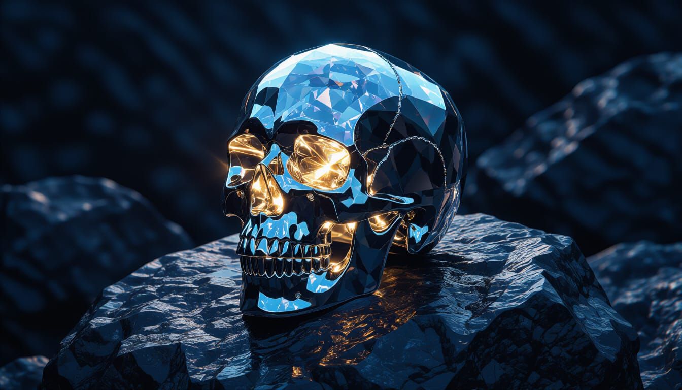 Luminous Diamond Skull on Obsidian Rock