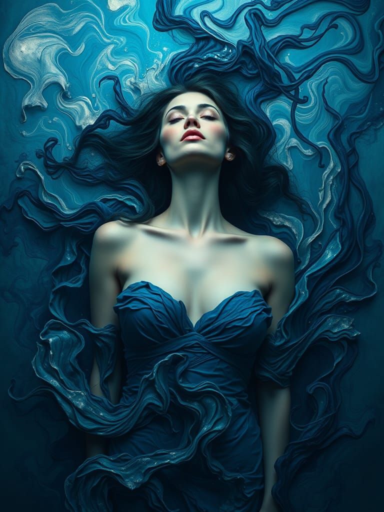 Surreal Blue Ink Patterns with Woman