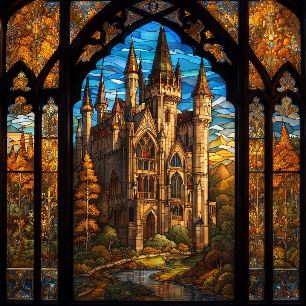 Gothic Castle in Golden Light: An Impasto Gouache Painting