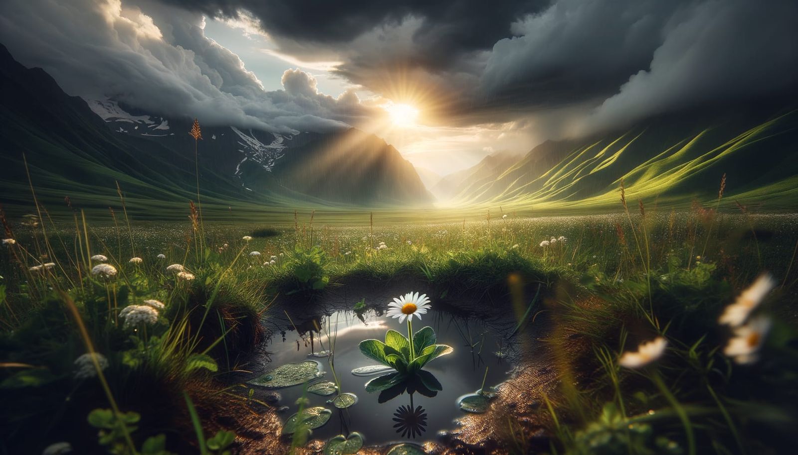 Vivid Stormscape with Lone White Daisy