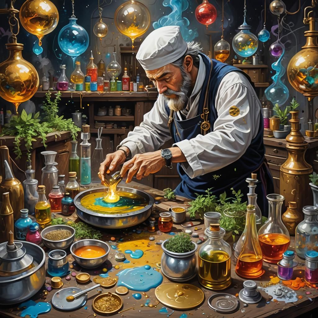 Alchemist's Magical Table in Graffiti Art Style