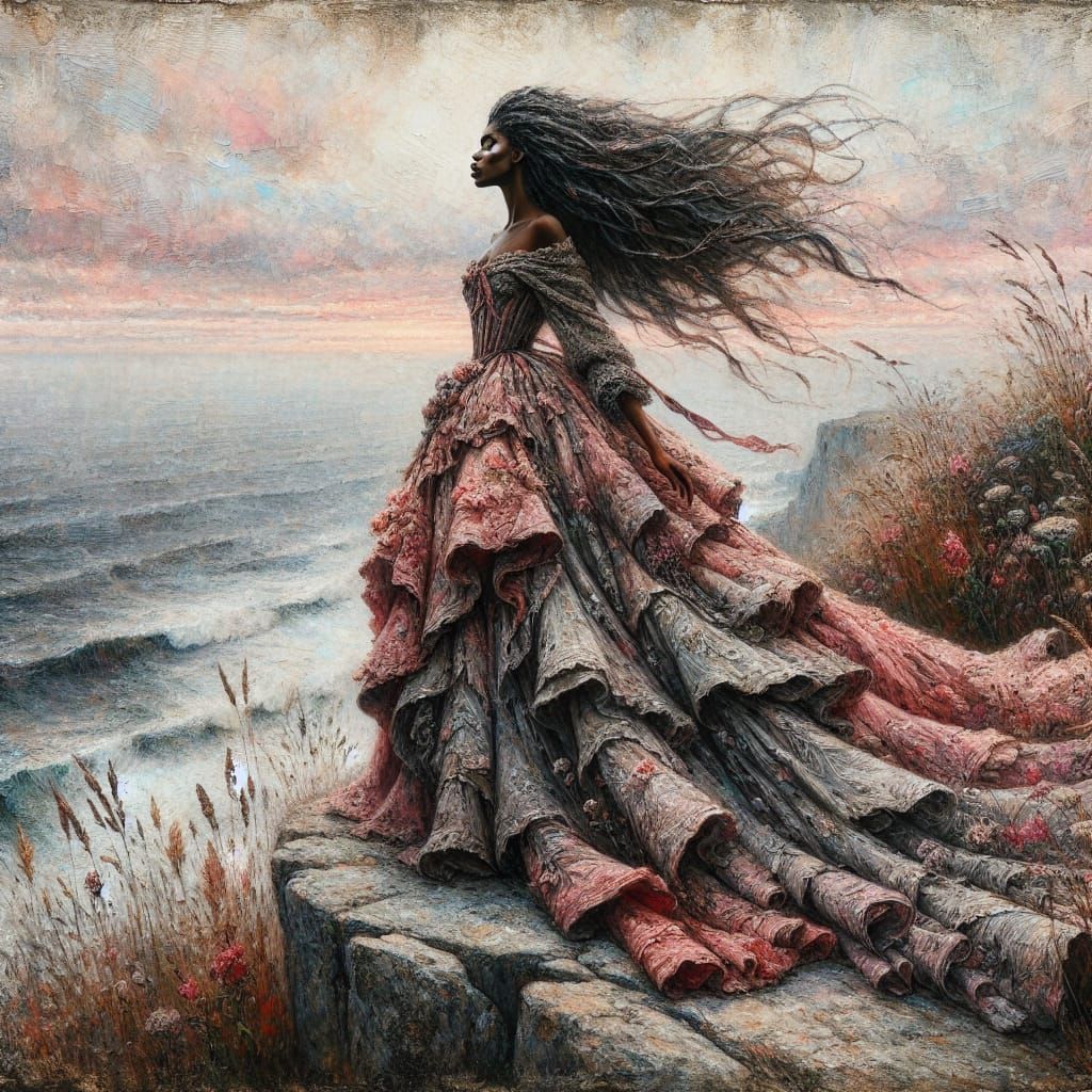 Woman on Cliff Edge in Impressionist Oil Painting