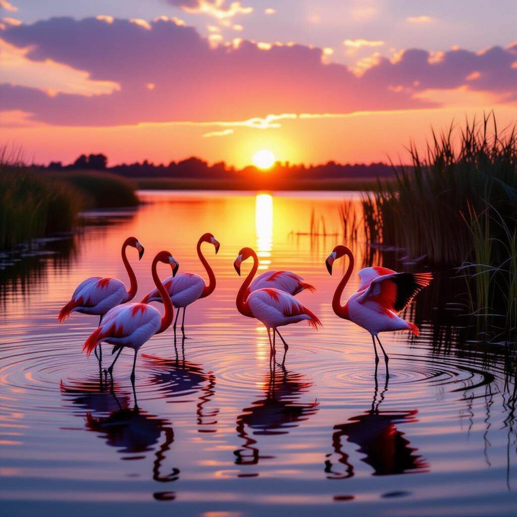 Flamingos at Sunset on Tranquil Lake