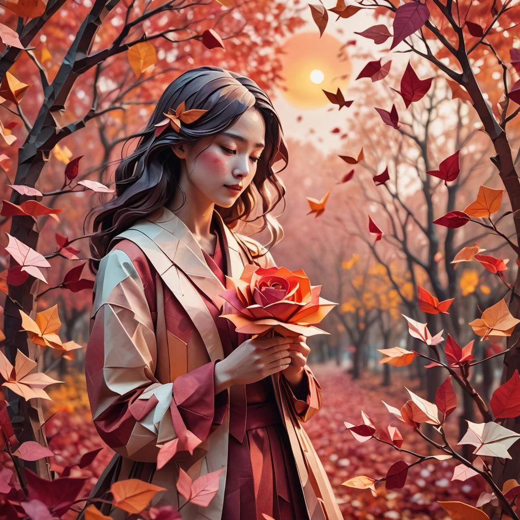 Origami Papercraft of Woman with Rose in Autumn