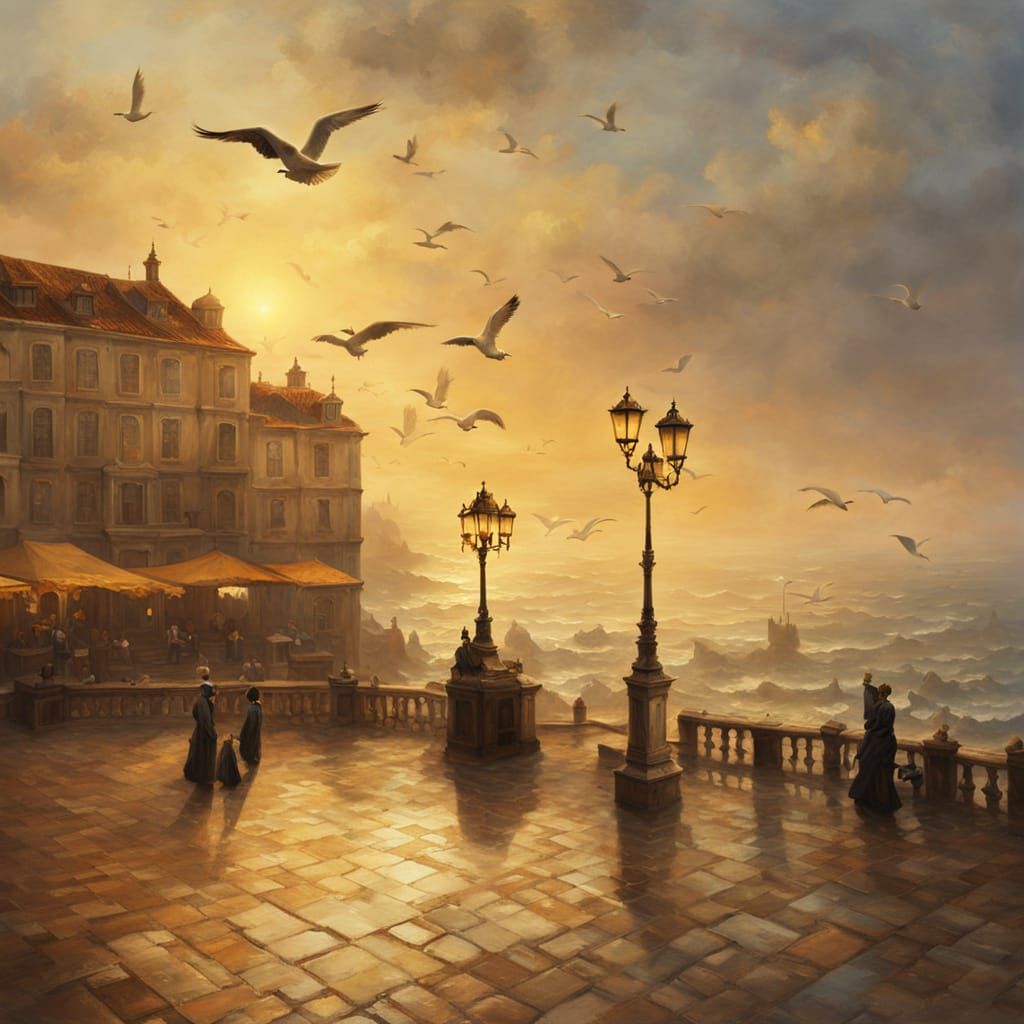 Baroque Plaza Overlooking the Sea as Oil Painting