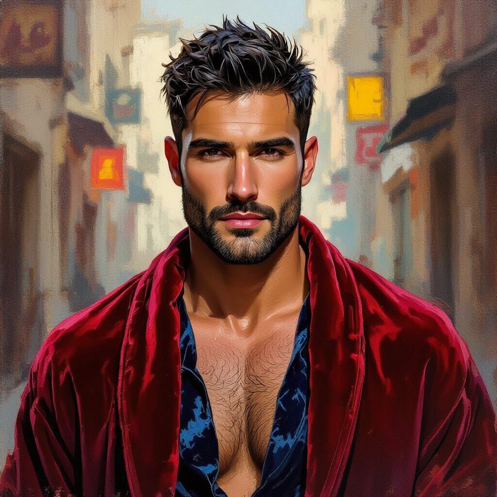 Handsome Man in Red Robe: Impressionist Portrait