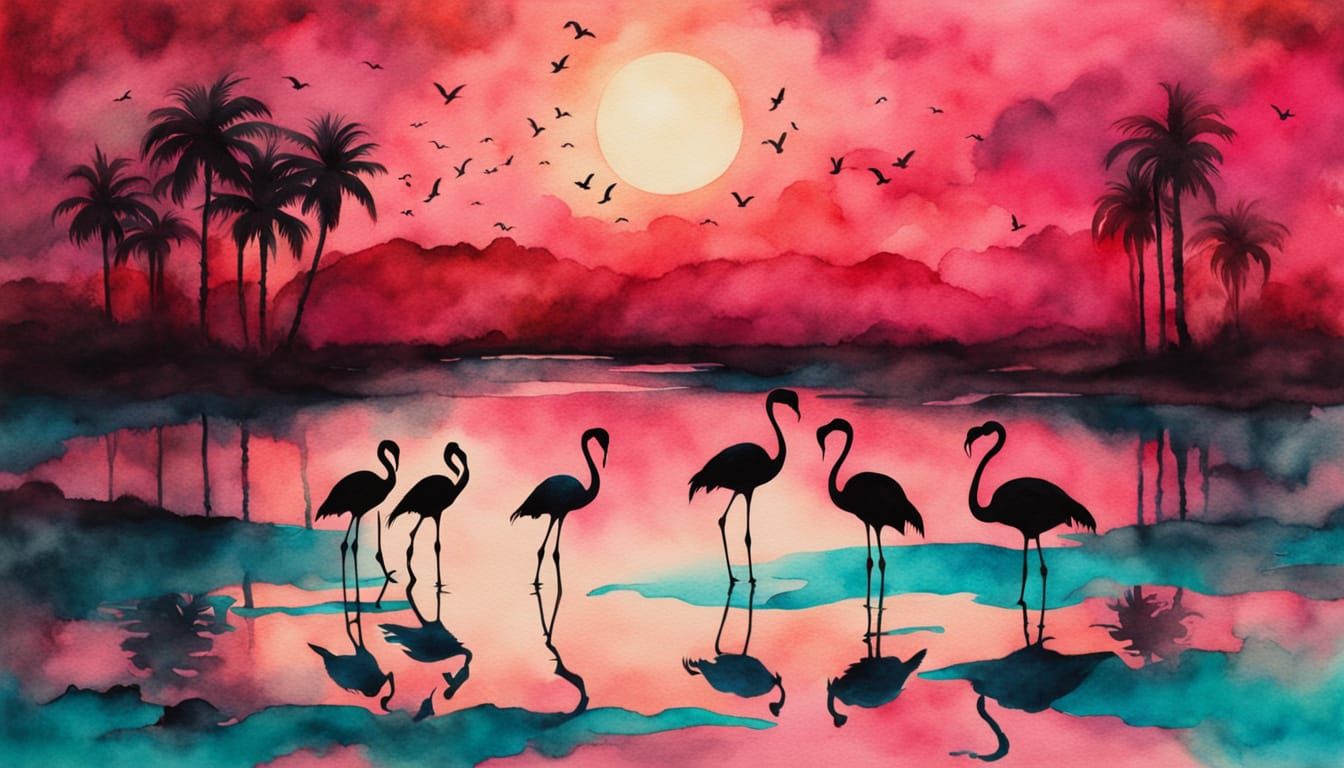 Flamingos at Sunset in Vibrant Watercolor