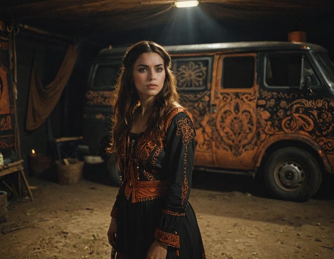 Woman in Gypsy Outfit by Decorated Van