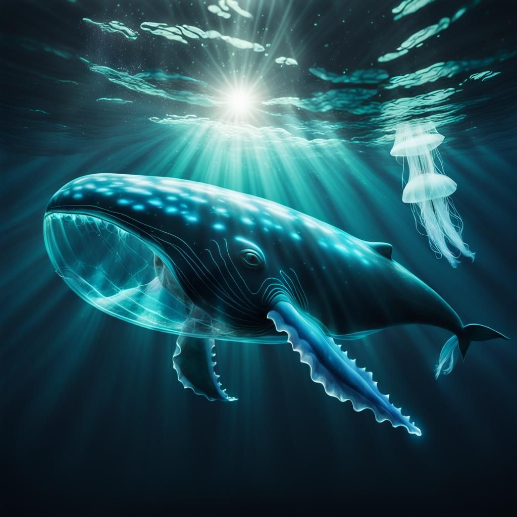 Glowing Glass Whale in Ocean Depths