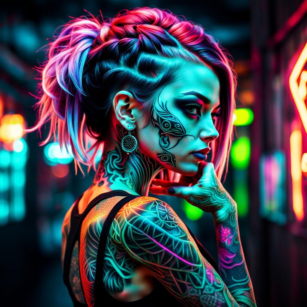 Hyperrealistic Portrait of Girl with Neon Tattoos