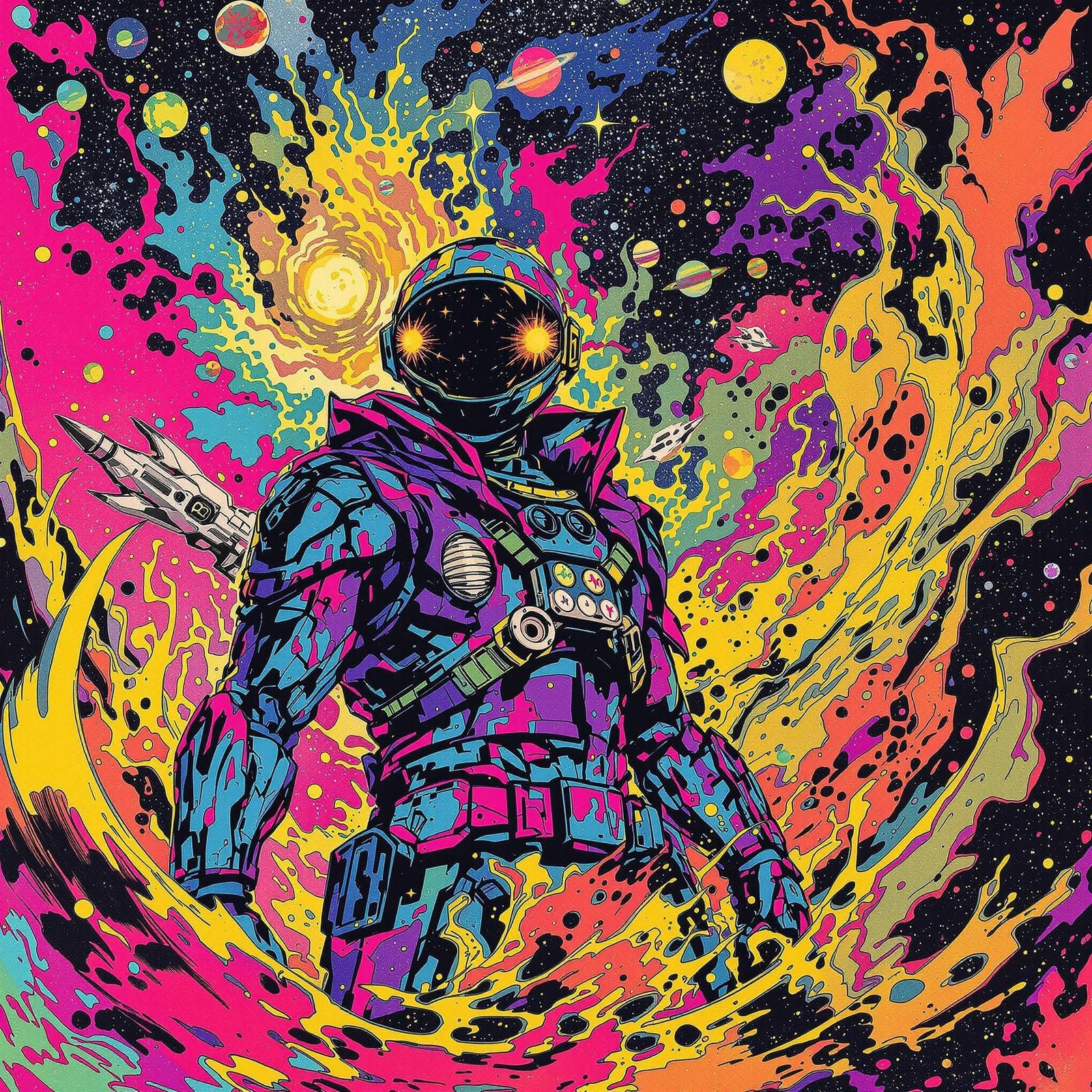 Psychedelic Bounty Hunter in Cosmic Pop Art Style
