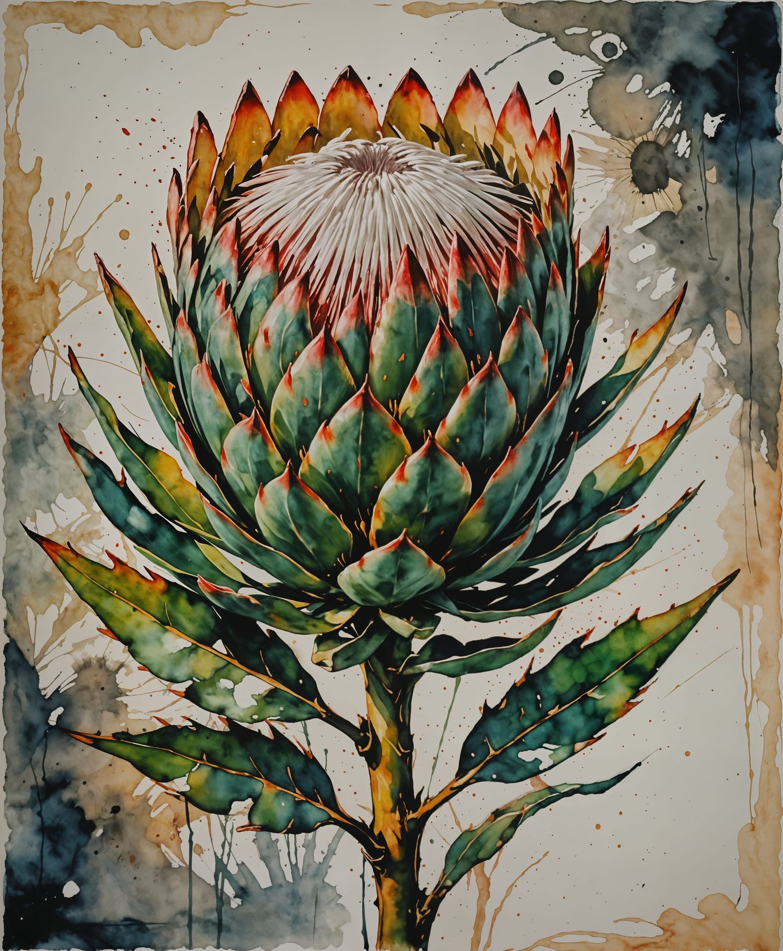 Expressionist Protea Blossom Art Print with Ink Spatter