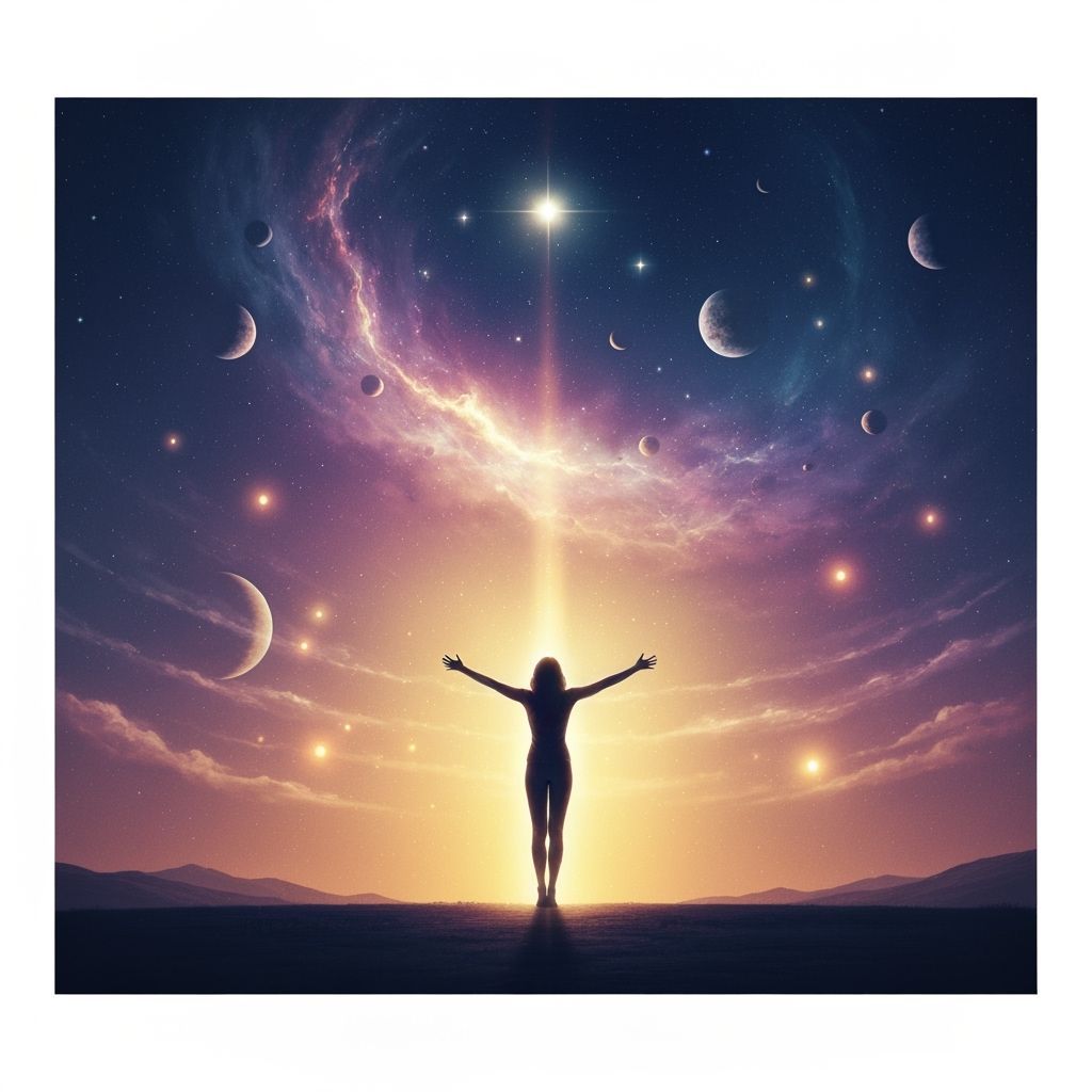 Ethereal Figure Embraces Growth Under Celestial Sky