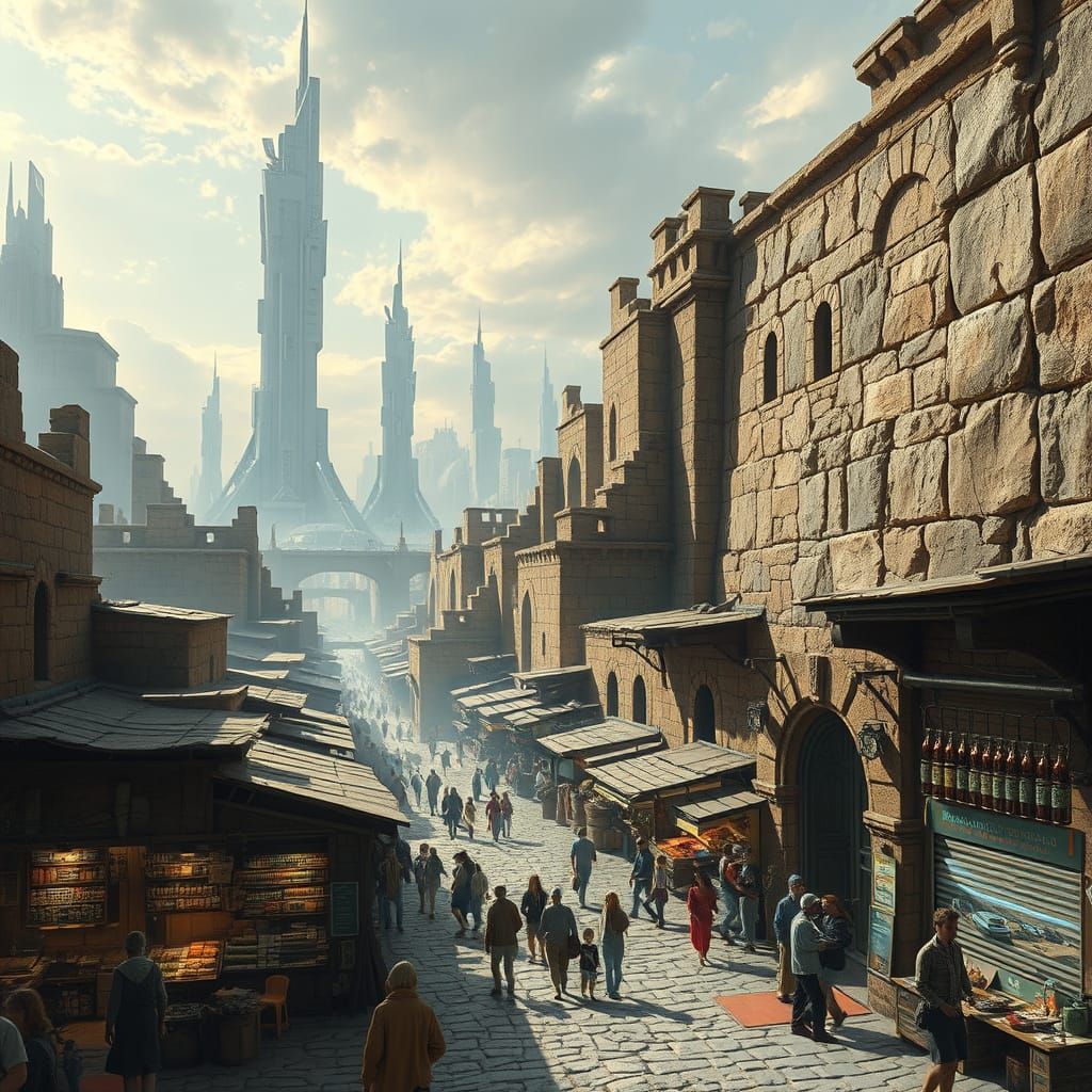 Ancient Marketplace Meets Futuristic Cityscape