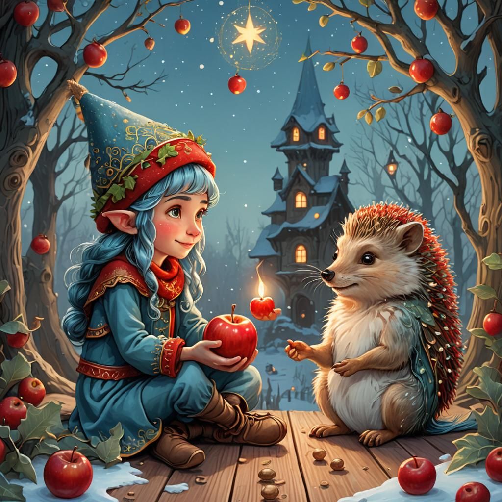 Elf Offers Apple to Hedgehog in Art Nouveau Style