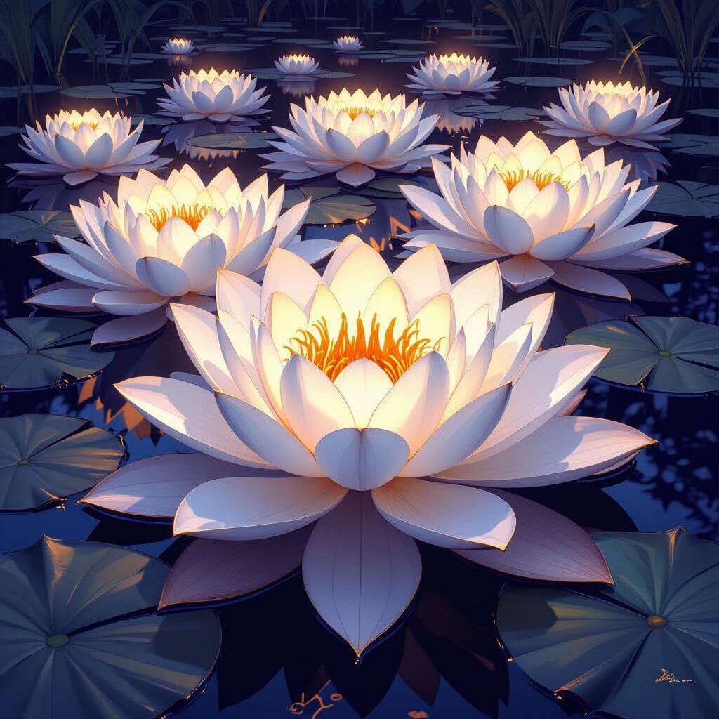 Enormous Luminous Water Lilies Bloom in Dark Lagoon