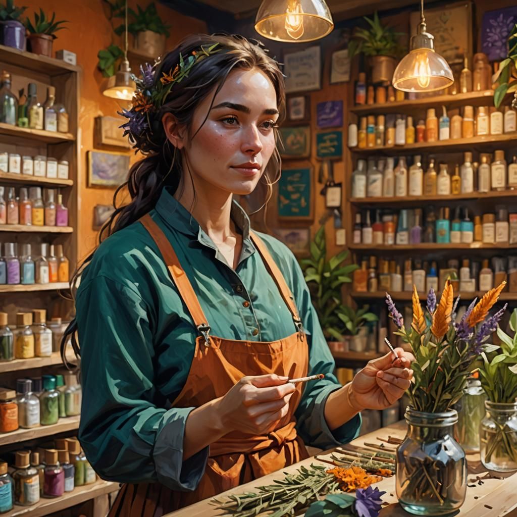 Beautiful Herbalist in Impressionist Oil Painting Style