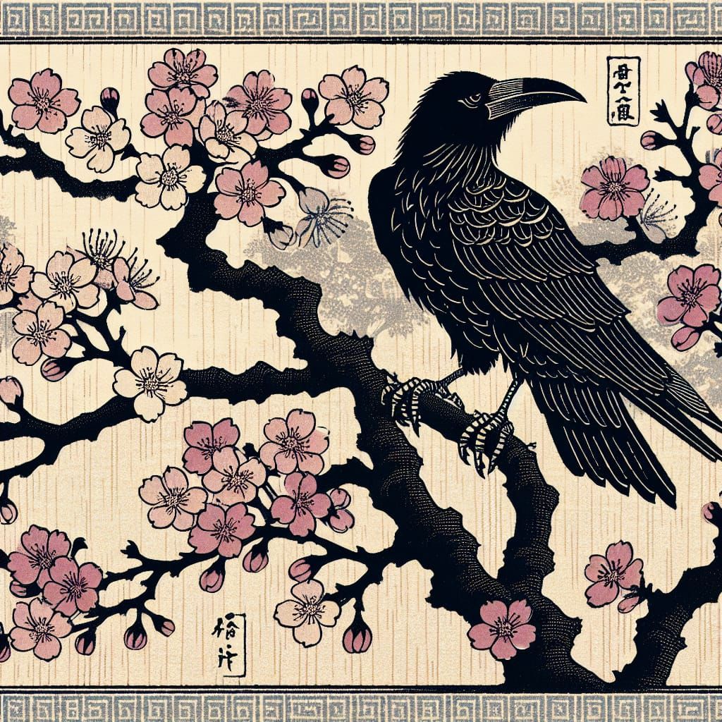 Raven in Cherry Blossoms: Edo Period Woodblock Print