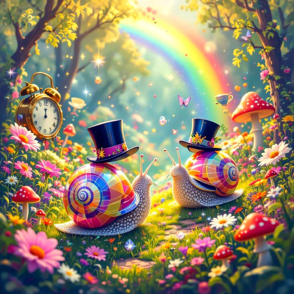 Crystal Snails' Surreal Journey in Rainbow Garden