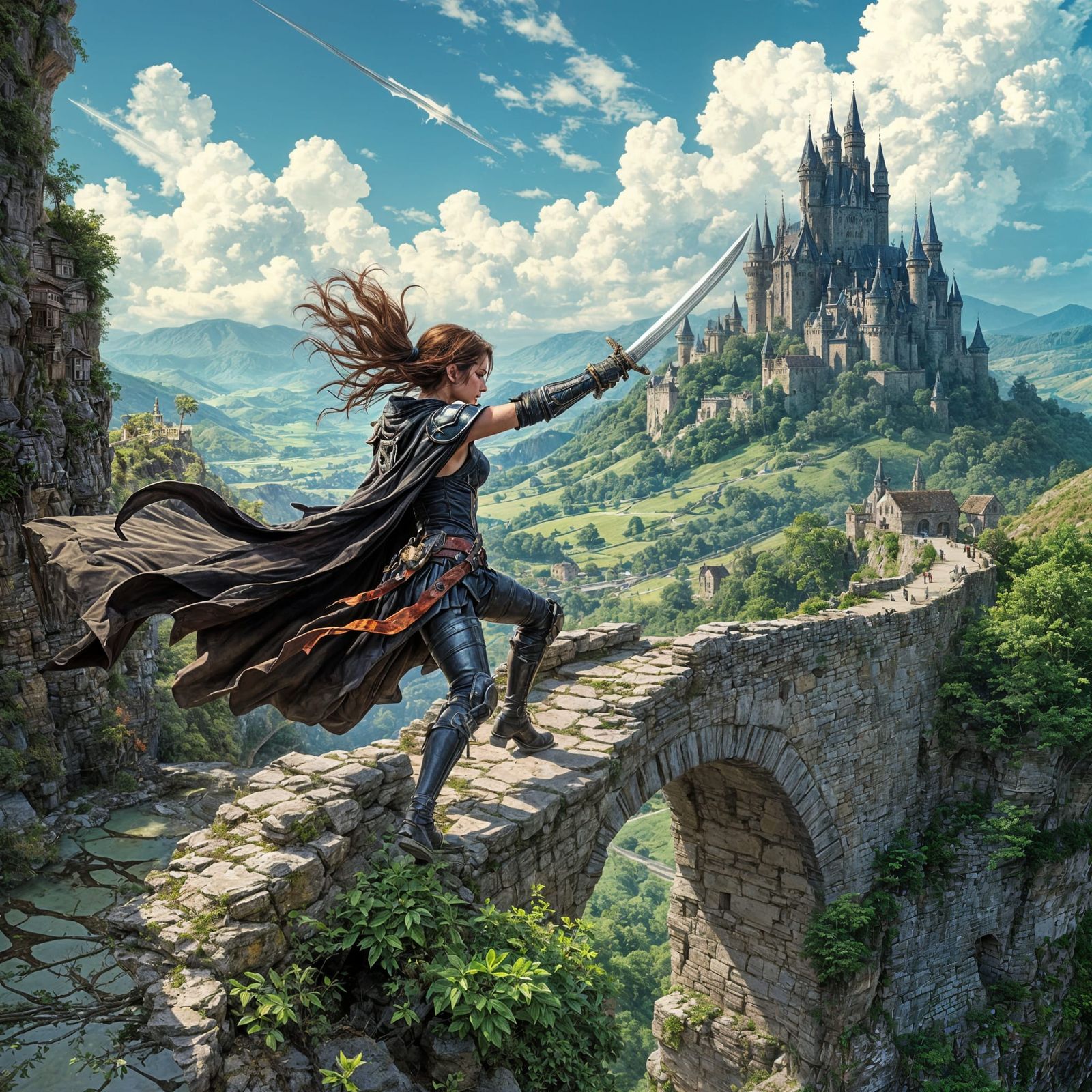 Ethereal Rogue Battles Dark Knight on Crumbling Bridge