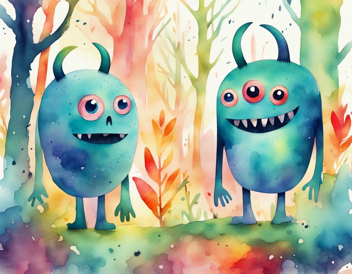 Watercolor Illustration of Two Happy Monsters